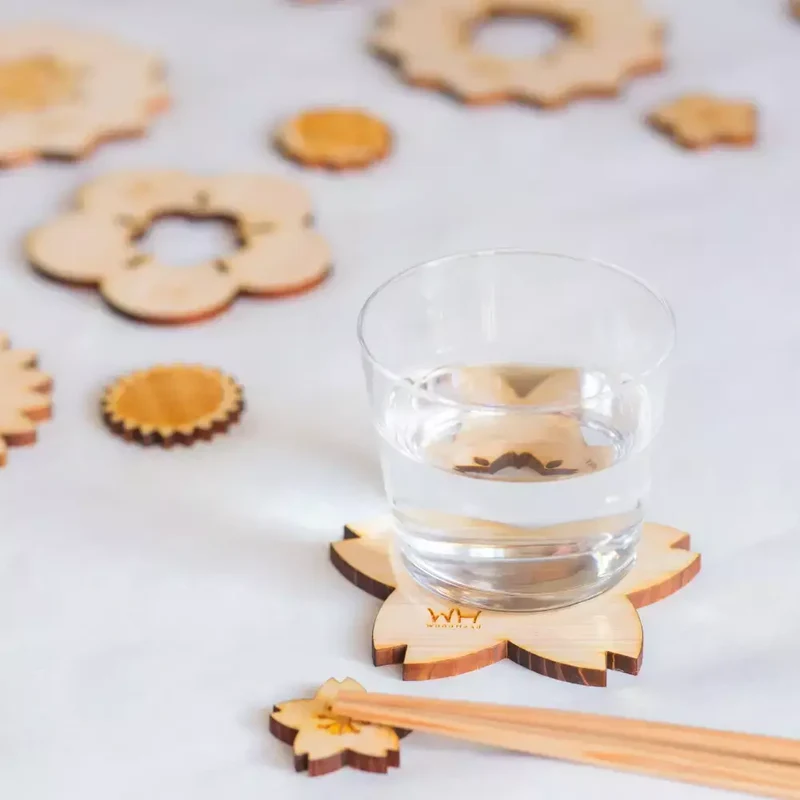 Hinoki Cypress Coaster Natural Wood Sunflower Design 90mm