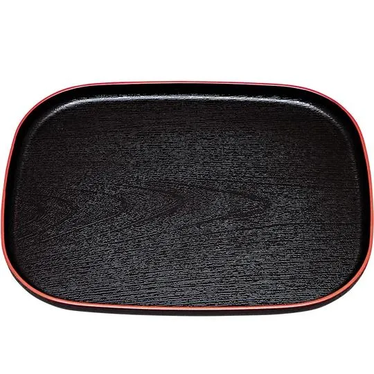 Large Oval Wood Grain Serving Tray Black with Vermilion Rim 36cm