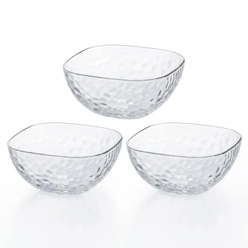 Aderia Square Bowl Medium Dimpled Glass Serving Dish 137mm (Set of 3)
