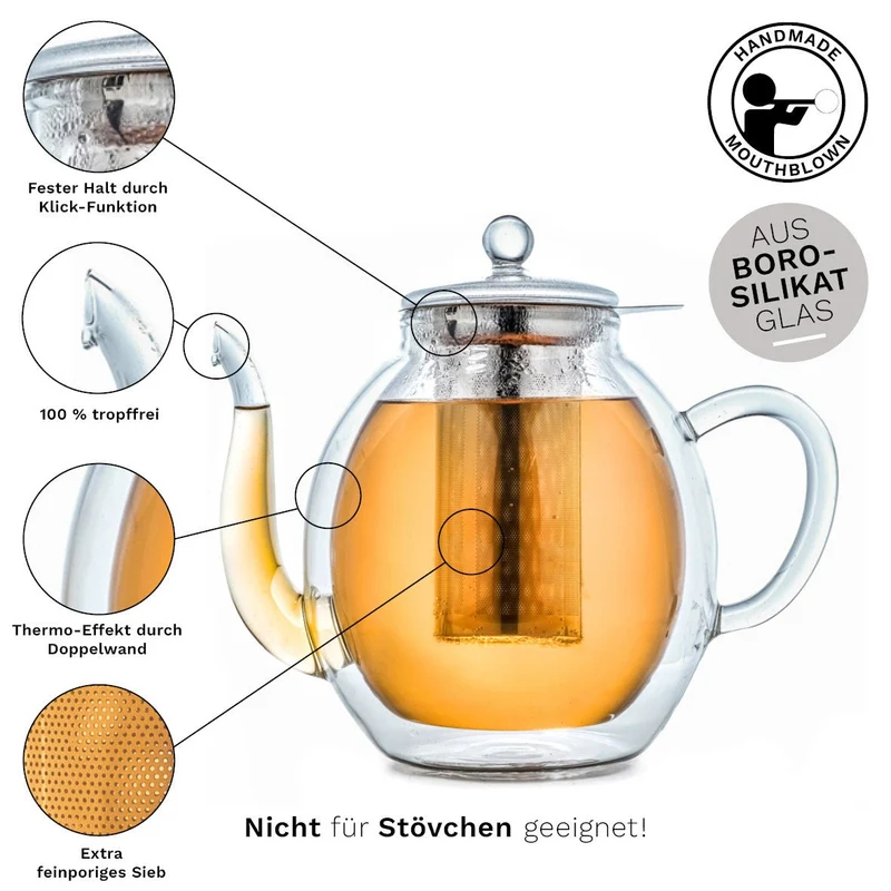 Doppelwandige Glas-Teekanne mit Edelstahlfilter "hoch" 1,4 Liter