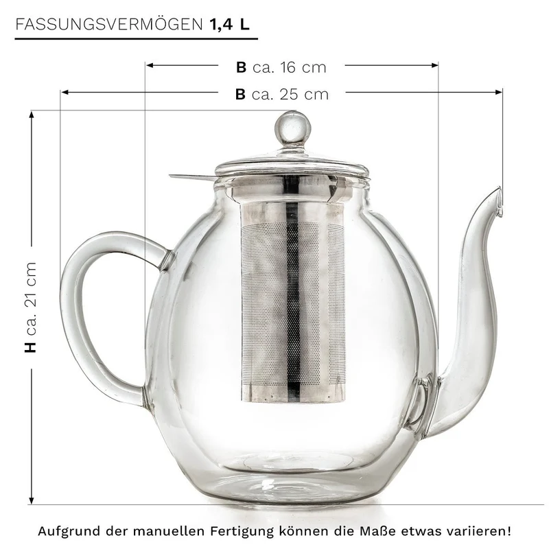 Doppelwandige Glas-Teekanne mit Edelstahlfilter "hoch" 1,4 Liter