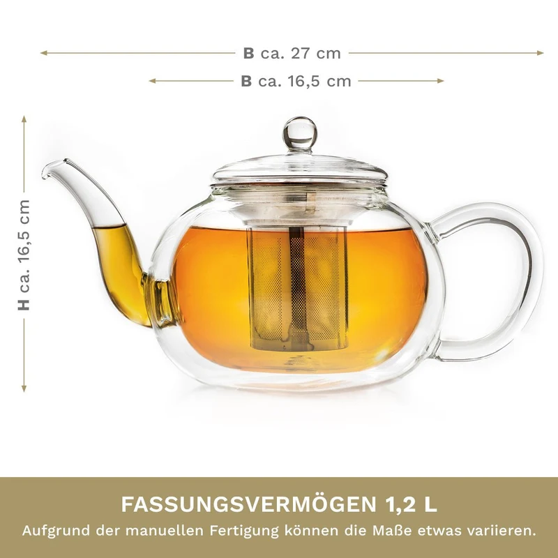 Doppelwandige Glas-Teekanne mit Edelstahlfilter "bauchig" 1,2 Liter
