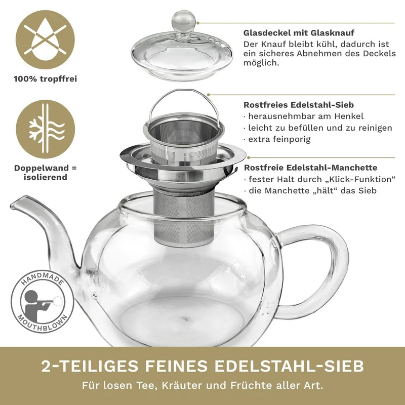 Doppelwandige Glas-Teekanne mit Edelstahlfilter "bauchig" 1,2 Liter