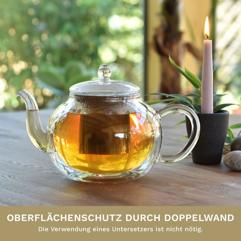 Doppelwandige Glas-Teekanne mit Edelstahlfilter "bauchig" 1,2 Liter