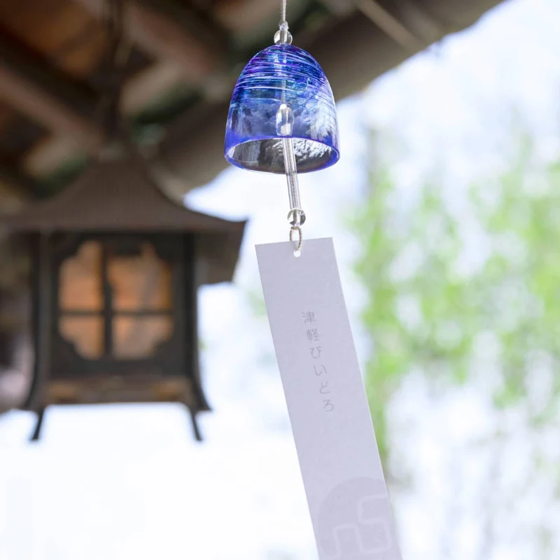 Aderia Handmade Glass Furin Wind Chime Blue Swirling Pattern