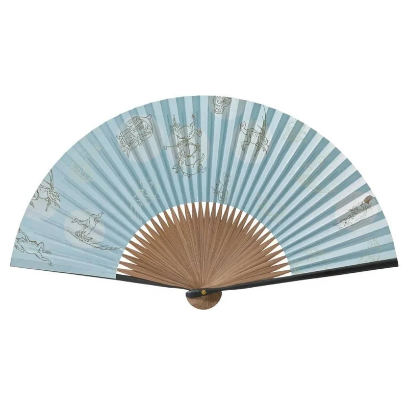 Yamani Frog & Rabbit Design Blue Sensu Handheld Folding Fan 21.5cm