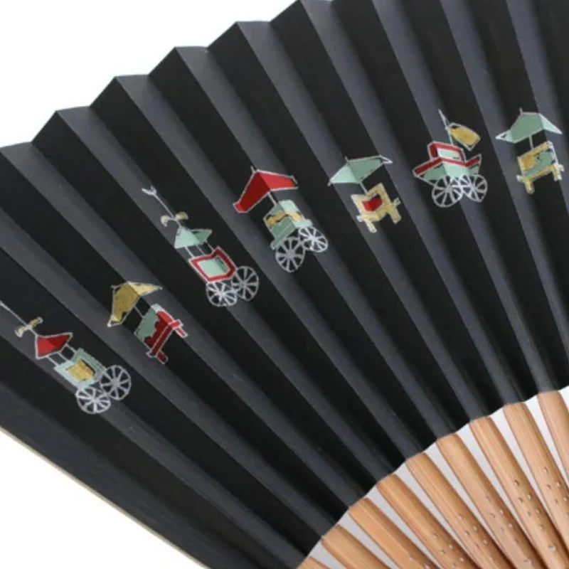 Yamani Festival Carts Design Black Sensu Handheld Folding Fan 21.5cm