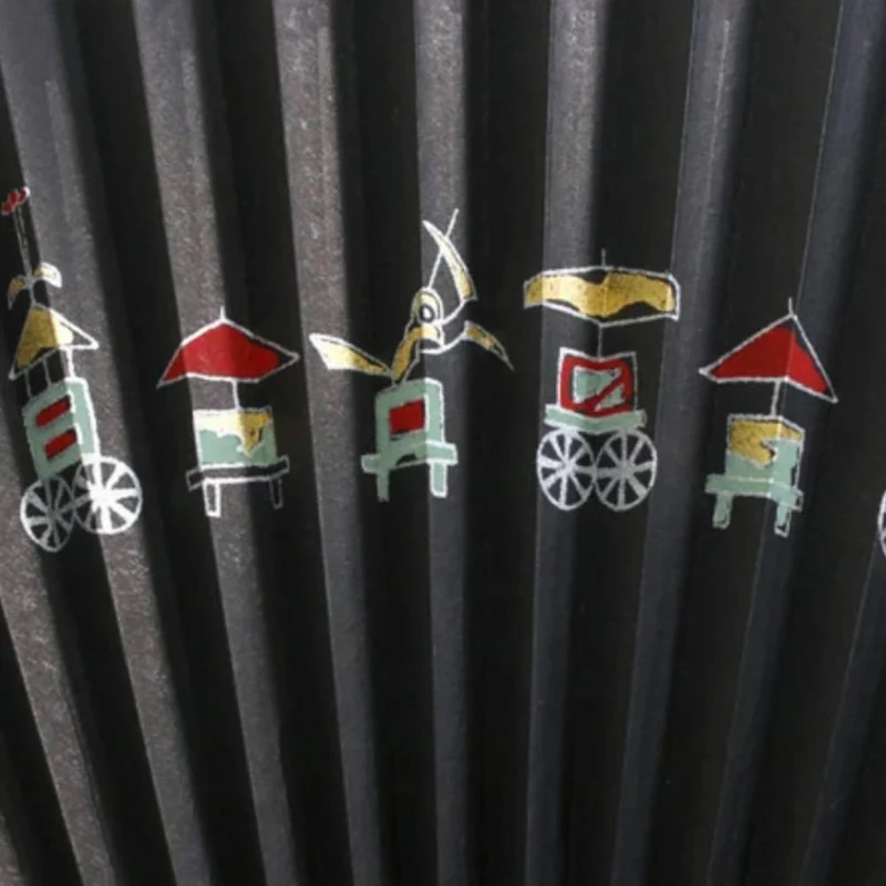 Yamani Festival Carts Design Black Sensu Handheld Folding Fan 21.5cm