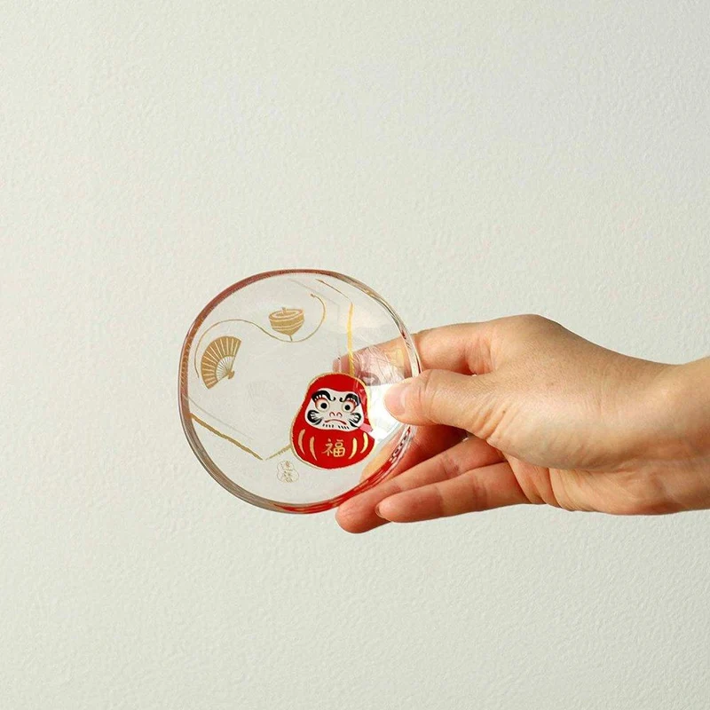 Aderia Small Glass Plate Gold Leaf Daruma Design 90mm