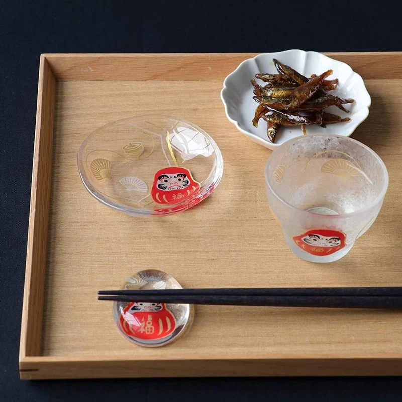 Aderia Small Glass Plate Gold Leaf Daruma Design 90mm