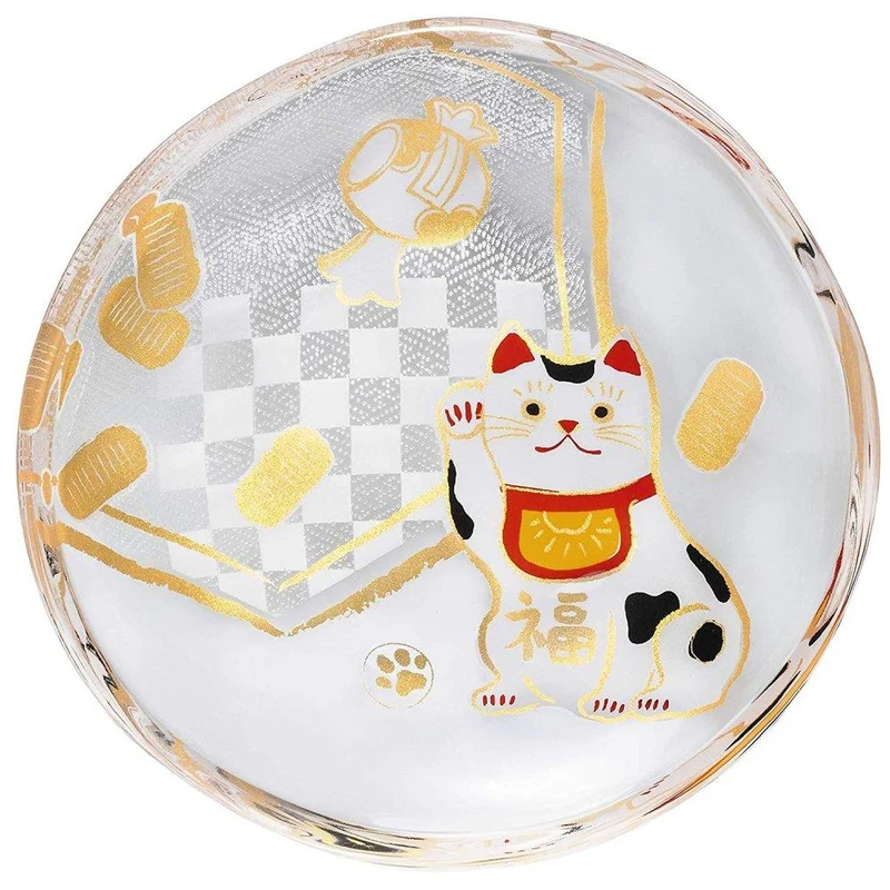 Aderia Small Glass Plate Gold Leaf Lucky Cat Design 90mm