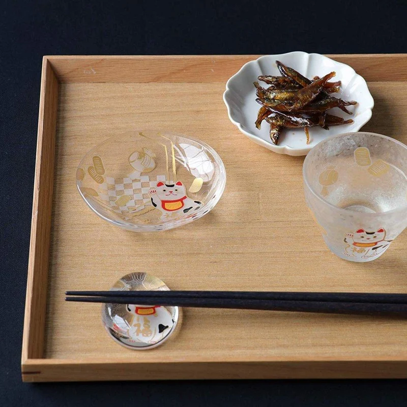 Aderia Small Glass Plate Gold Leaf Lucky Cat Design 90mm