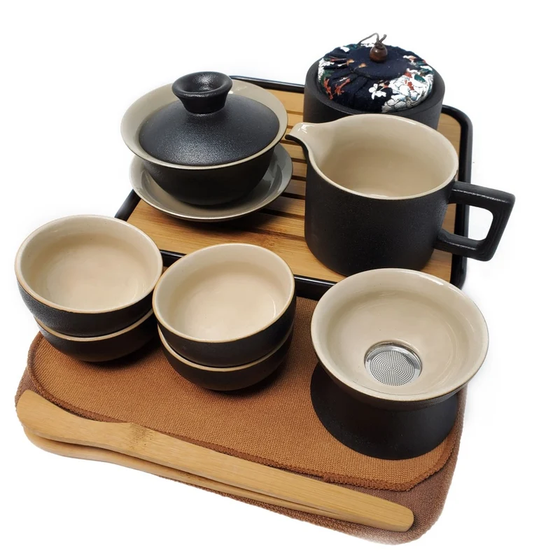 Zeremonielles Reise-Teeset aus schwarzem Ton, Gaiwan