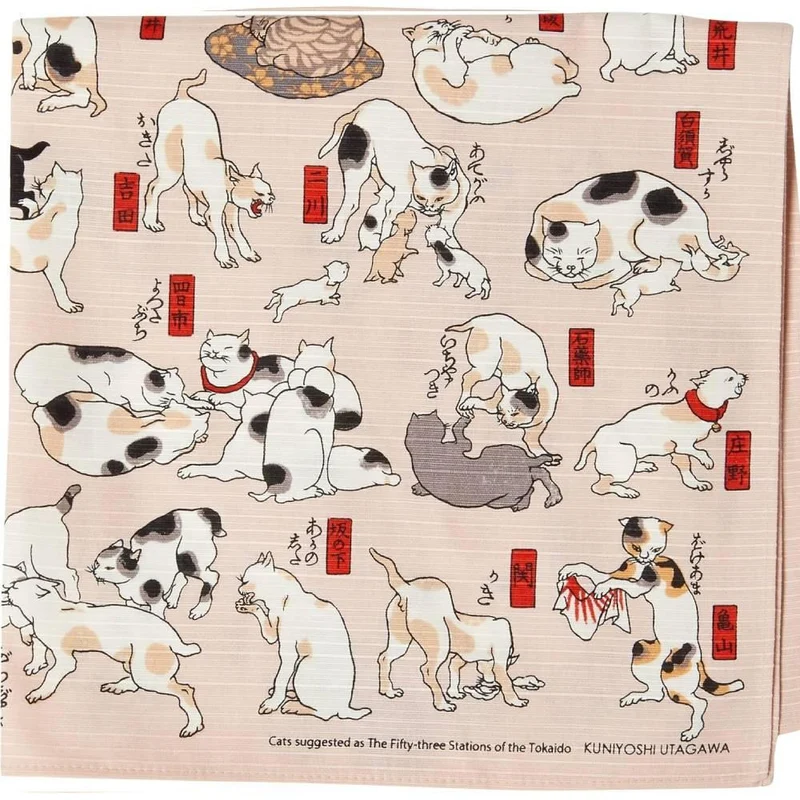 Furoshiki Ukiyo-e Cat Parade Pink Versatile Wrapping Cloth 48cm