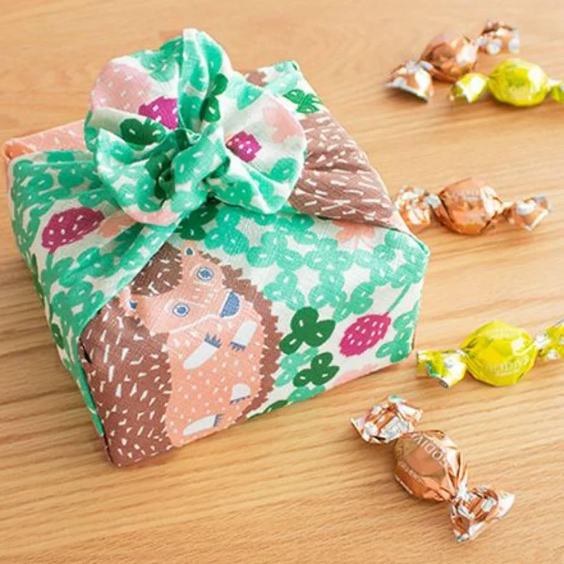 Furoshiki Hedgehog Design Green Cotton Wrapping Cloth Book Cover 50cm