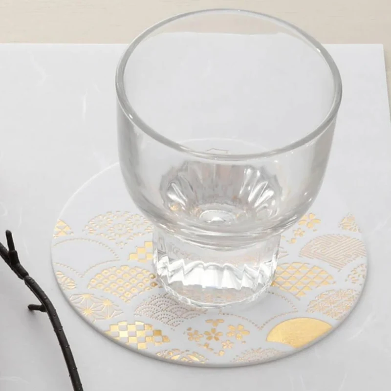 Thick Paper Coasters Elegant Gold Foil Seigaha Wave Pattern 3 ct.