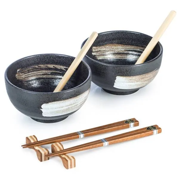 Kurokessho Japanese Ramen Noodle Bowl Set with Chopsticks & Spoons