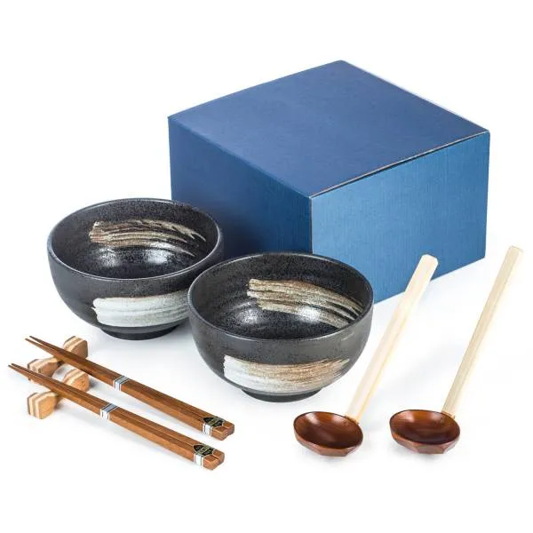 Kurokessho Japanese Ramen Noodle Bowl Set with Chopsticks & Spoons