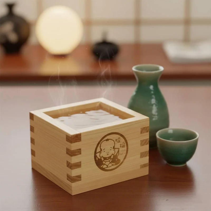 Hinoki Masu Japanese Cypress Wooden Sake Cup Lucky Character Design
