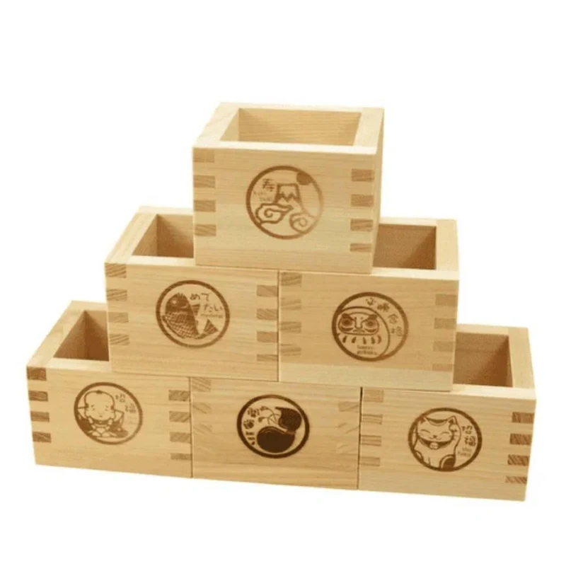 Hinoki Masu Japanese Cypress Wooden Sake Cup Lucky Character Design