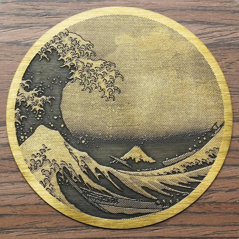 Brass Wood Coaster Ukiyo-e Great Wave off Kanagawa Design