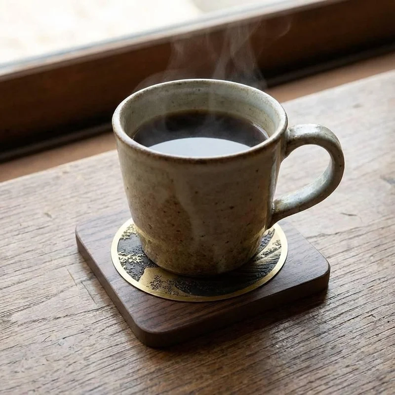 Brass Wood Coaster Ukiyo-e Great Wave off Kanagawa Design