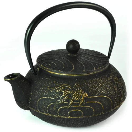 Iwachu Cast Iron Tetsubin Teapot with Goldfish Pattern in Black & Gold