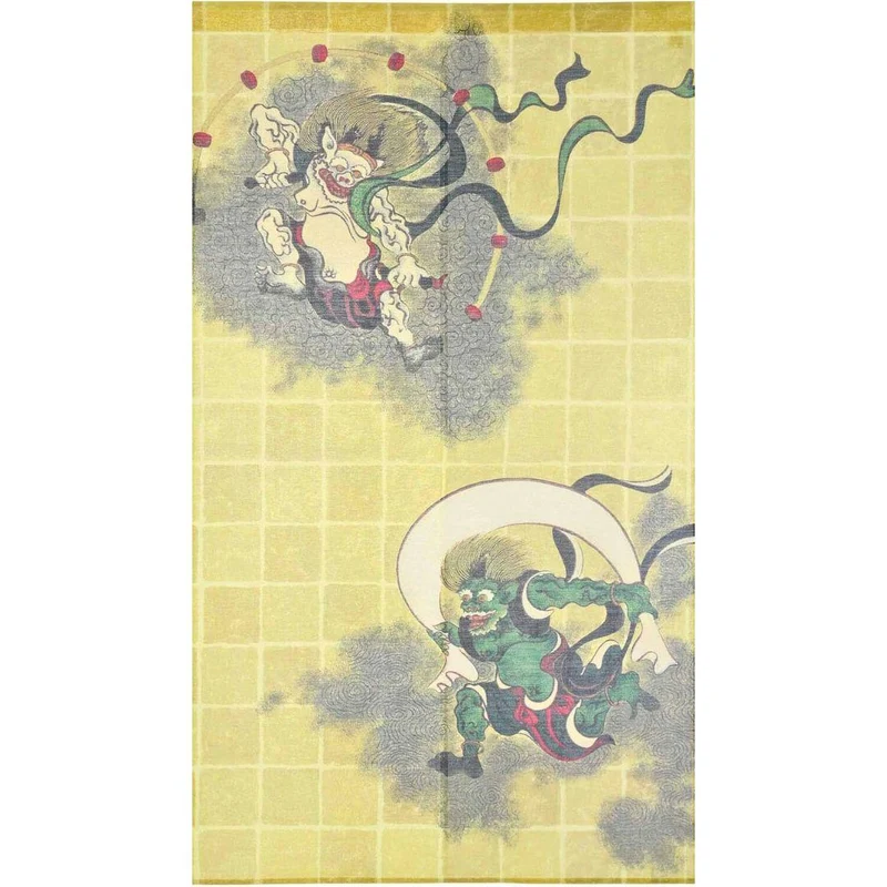 Noren Wind and Thunder God Fujin Raijin With Gold Thread Doorway Curtain