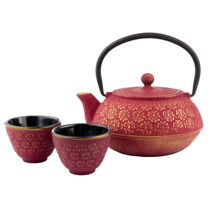 Gusseisen Teekanne Shanghai mit 2 Tassen, pink/gold