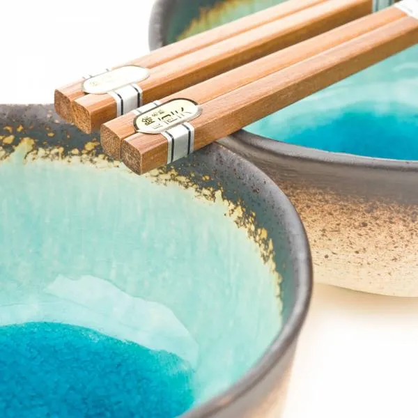 Blue Crackleglaze Ceramic Bowl Set with Chopsticks
