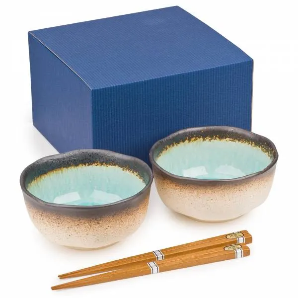 Blue Crackleglaze Ceramic Bowl Set with Chopsticks