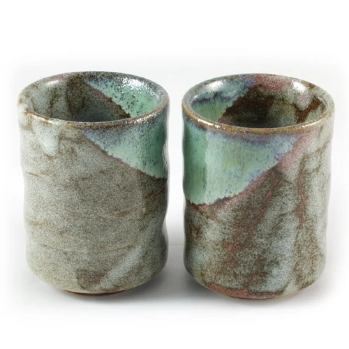 Green & Brown Glazed Ceramic Cup Pair