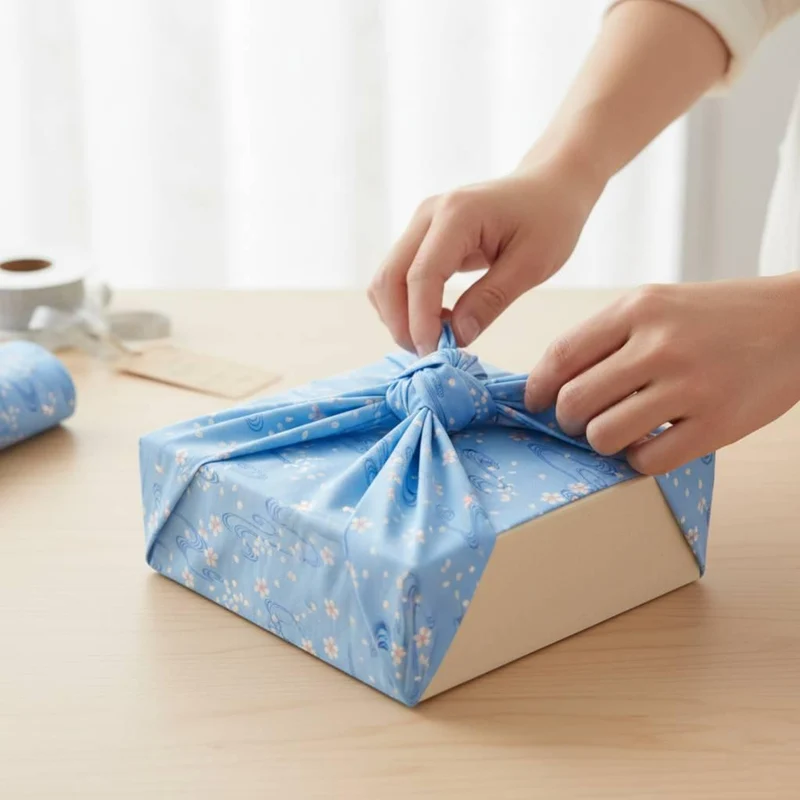 Seiran Furoshiki Blue Floating Sakura Blossoms Cotton Wrapping Cloth