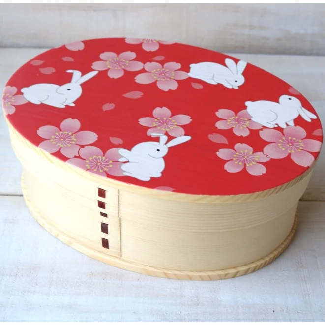 Wakacho Wooden Bento Box Rabbits & Sakura Japanese Lunch Box 700ml