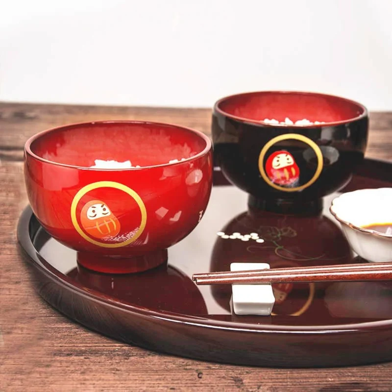 Isuke Japanese Lacquered Soup Bowls Daruma Doll Design (Set of 2)