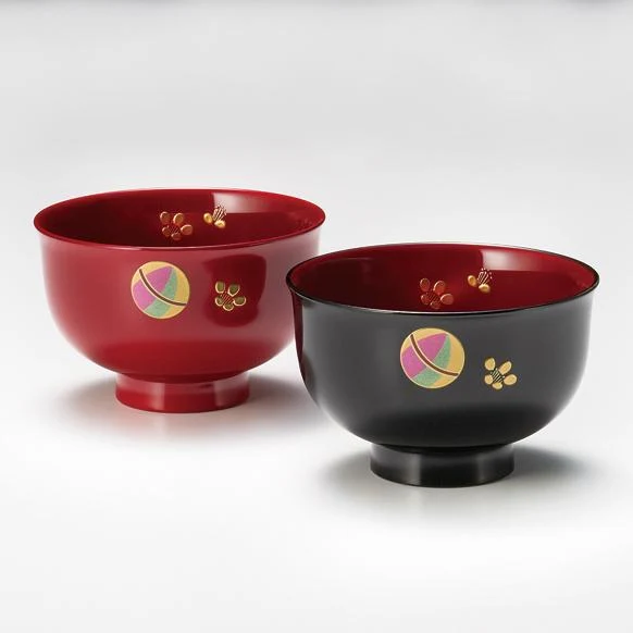 Isuke Japanese Lacquered Soup Bowls Temari Ball Design (Set of 2)