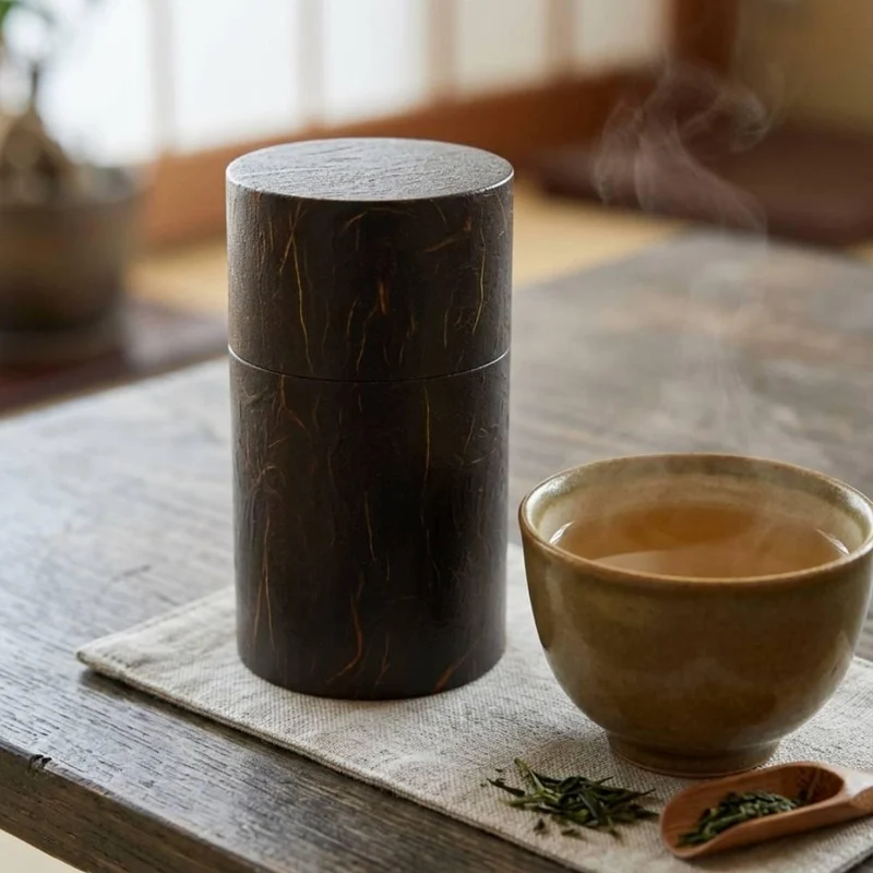 Isuke Wooden Tea Caddy Lacquered Washi Paper Canister