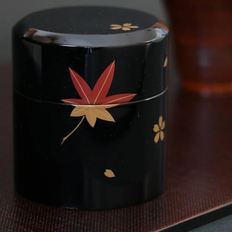 Isuke Lacquered Tea Caddy Maple & Sakura Cherry Blossom Canister
