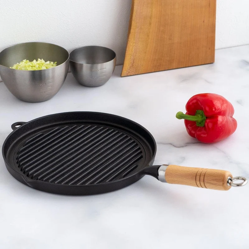 Cast Iron Griddle Pan With Wooden Handle (IH Compatible) 26cm