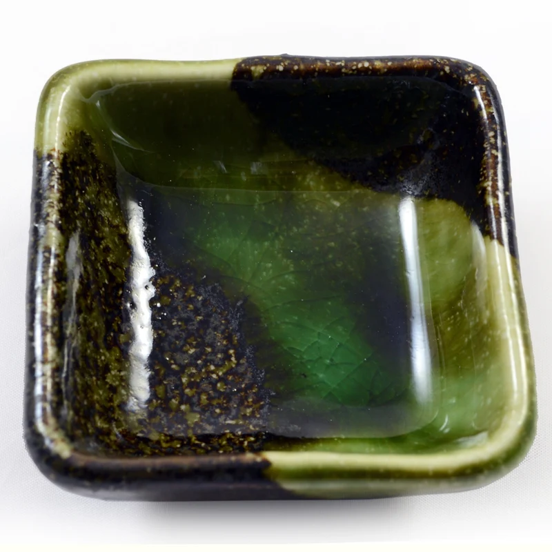 Iridescent Green Glazed Japanese Ceramic Dish