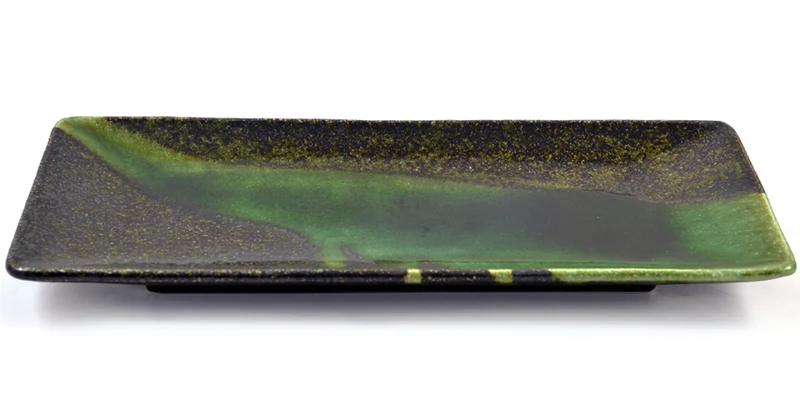 Iridescent Green Glazed Oblong Japanese Ceramic Plate - Large