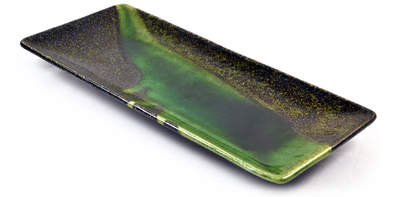 Iridescent Green Glazed Oblong Japanese Ceramic Plate - Large