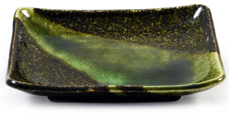 Iridescent Green Glazed Oblong Japanese Ceramic Plate - Small