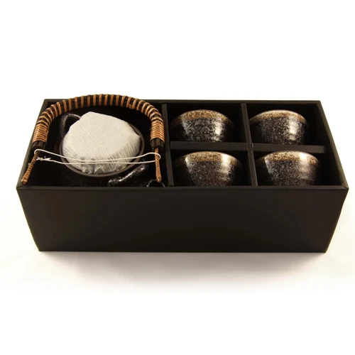 Japanese Stoneware Tea Set With Rustic Handle - Speckle Glaze