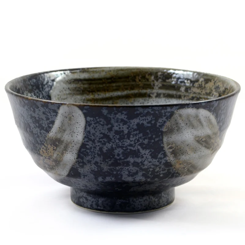Mottled Black & Silver Glazed Japanese Ceramic Noodle Bowl