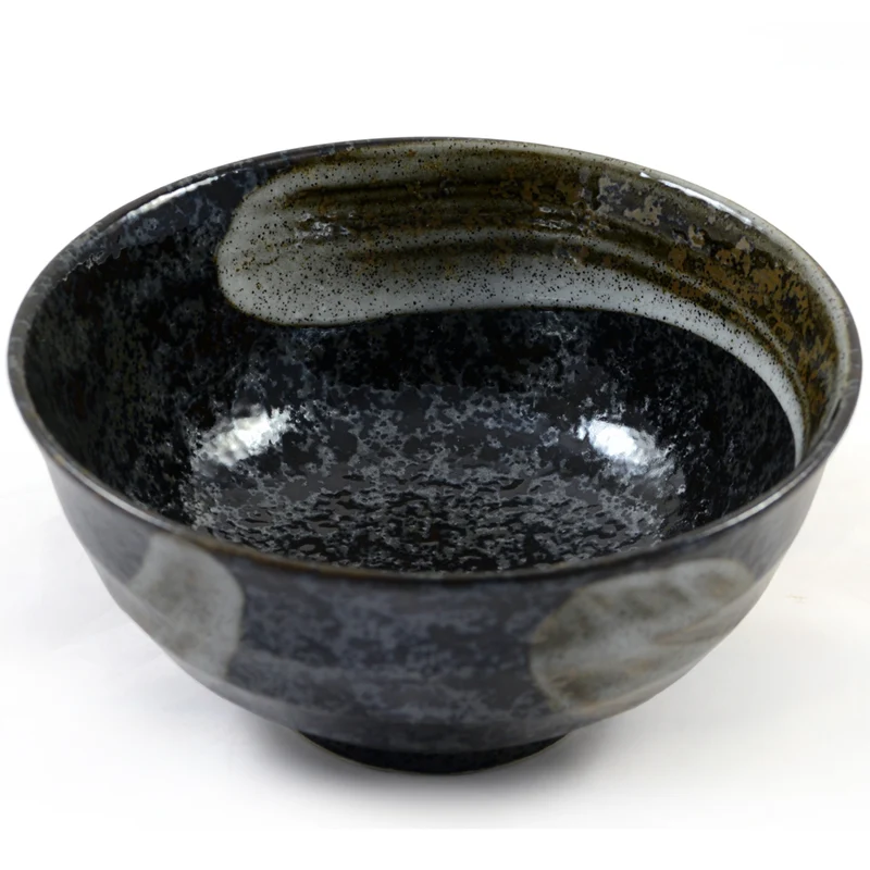 Mottled Black & Silver Glazed Japanese Ceramic Noodle Bowl