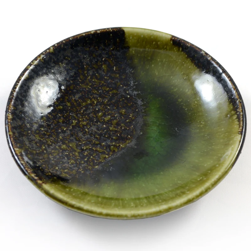 Small Iridescent Green Glazed Japanese Ceramic Dish
