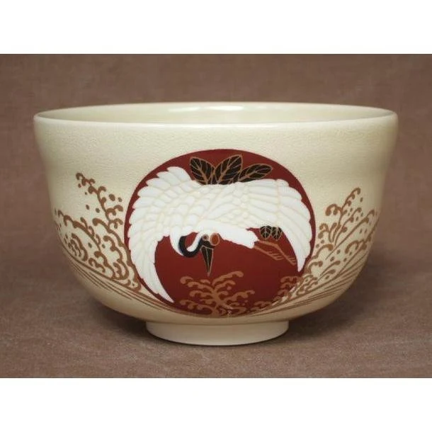 Handmade Chawan Crane & Rising Sun Design Matcha Cup Tea Bowl