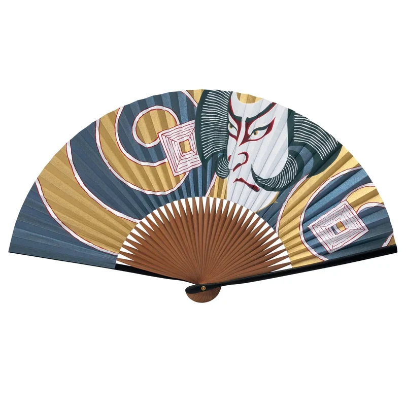 Yamani Blue & Gold Kabuki Design Japanese Sensu Folding Fan 21.5cm