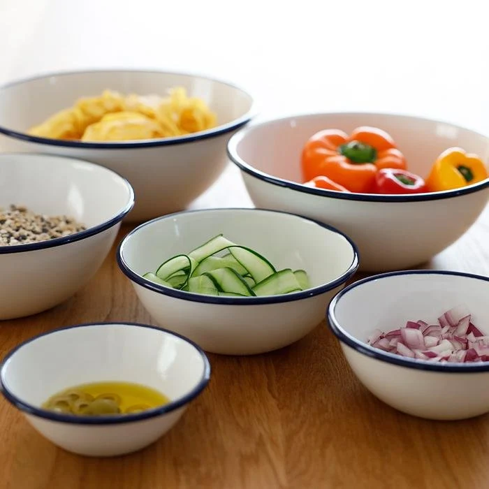 Tsuki Usagi White Enamel Bowl With Navy Blue Detailing